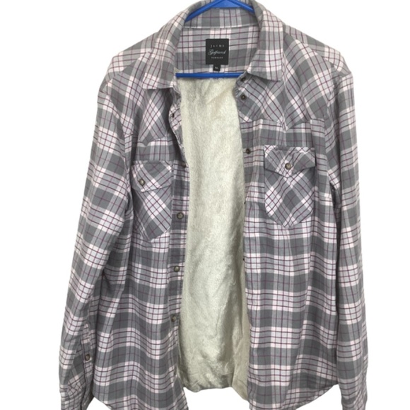 Jachs Girlfriend Flannel Faux Fur Button up shirt size X-Large gray purple plaid - Picture 6 of 9